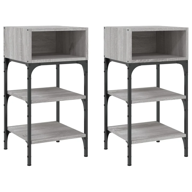 Lot de 2 tables de chevet avec étagères 35 x 34,5 x 70cm bois ingénierie gris et fer DEC035652