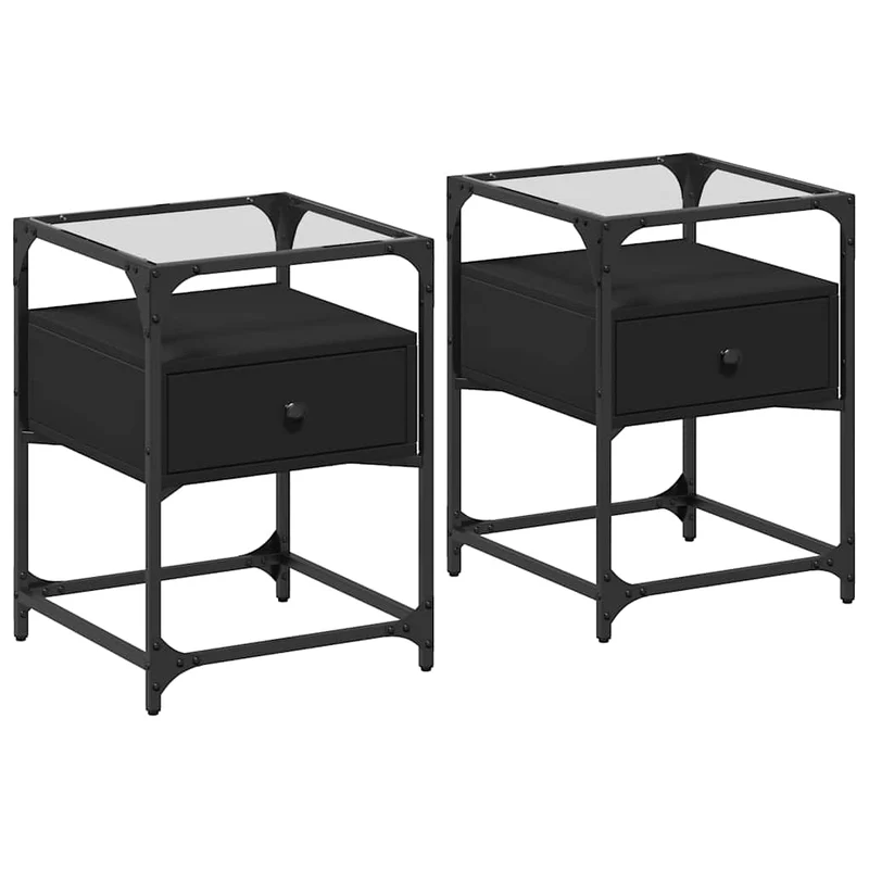 Lot de 2 tables de chevet avec tiroir 40 x 40 x 55 cm bois d’ingénierie noir acier et verre DEC035581