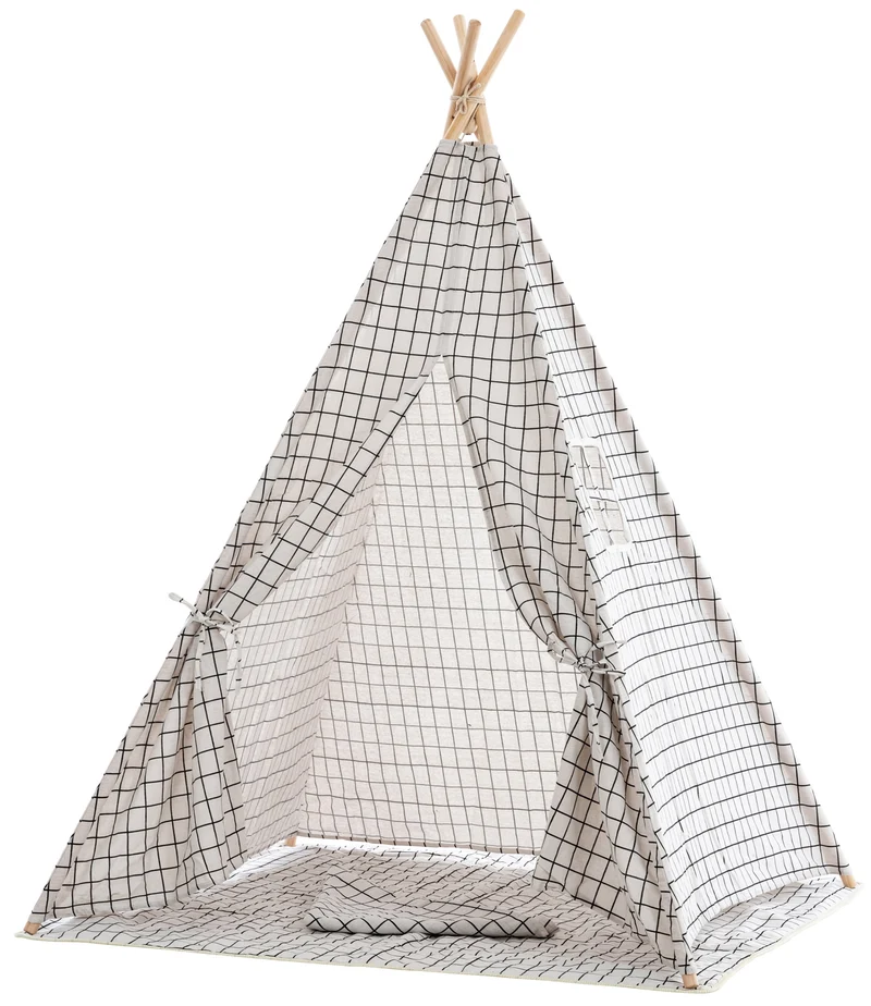 Tente tipi pour enfants avec toile damier gris poteaux en bois APE10003