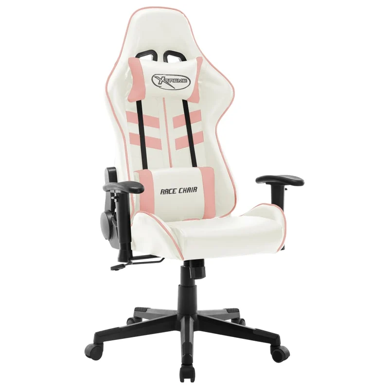 Fauteuil de bureau chaise gaming sur roulettes avec accoudoirs en PVC blanc et rose DEC025818
