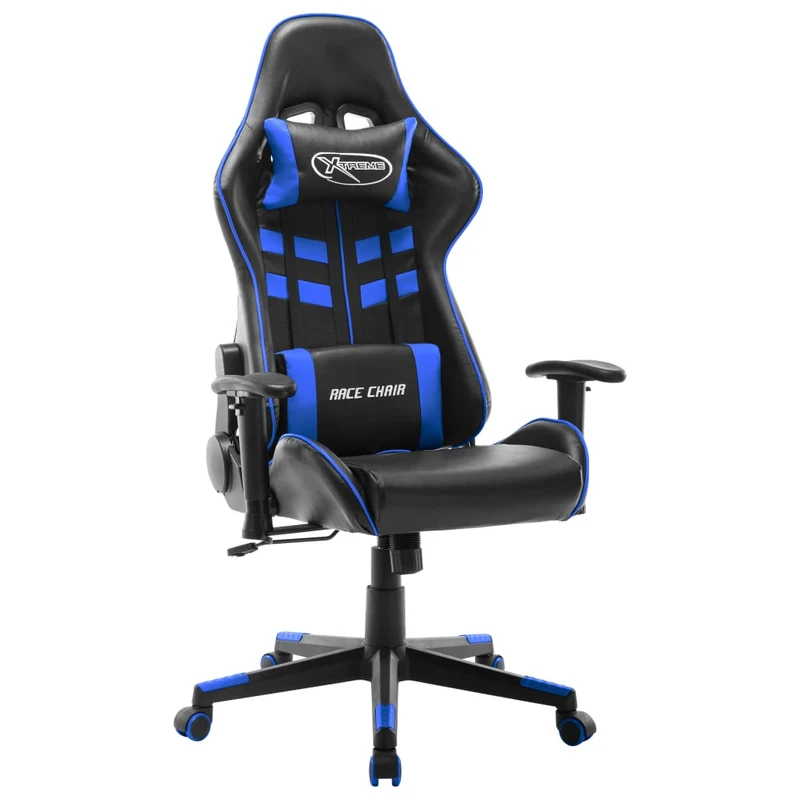 Fauteuil de bureau chaise gaming sur roulettes accoudoirs en PVC noir et bleu DEC025960