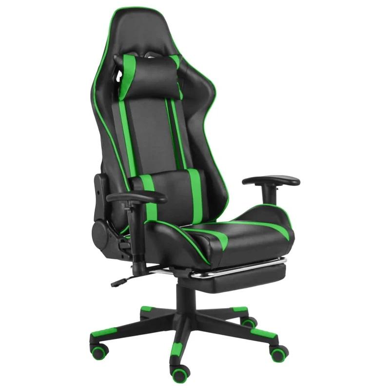 Fauteuil de bureau chaise gaming sur roulettes siège pivotant avec repose-pieds en PVC vert DEC026027