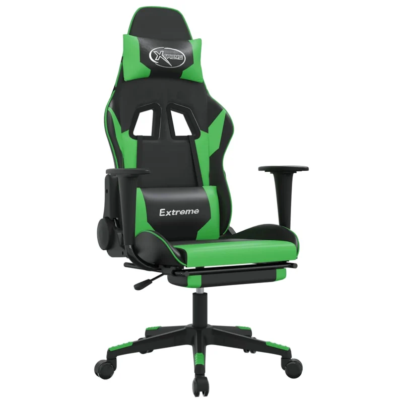 Fauteuil de bureau chaise gaming sur roulettes avec repose-pieds en PVC noir et vert DEC025803