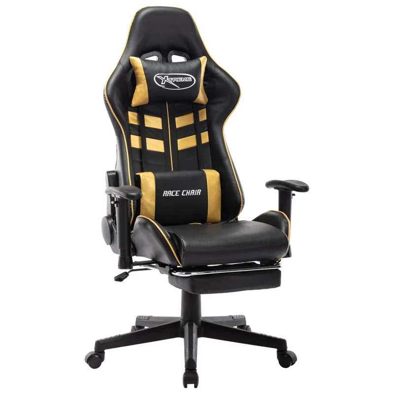 Fauteuil de bureau chaise gaming sur roulettes avec repose-pieds en PVC noir et doré DEC025767