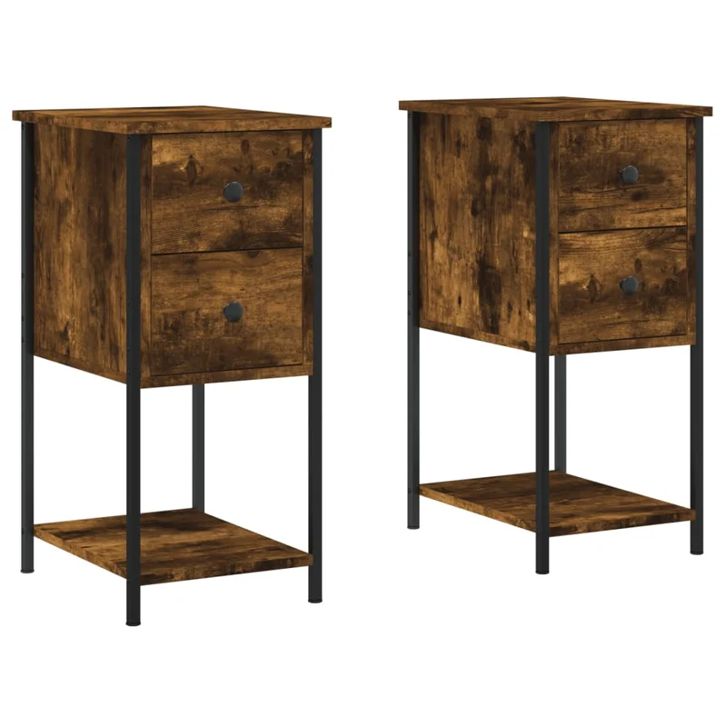 Lot de 2 tables de chevet avec tiroirs et étagère 32 x 42 x 70 cm bois d'ingénierie marron et fer DEC035060