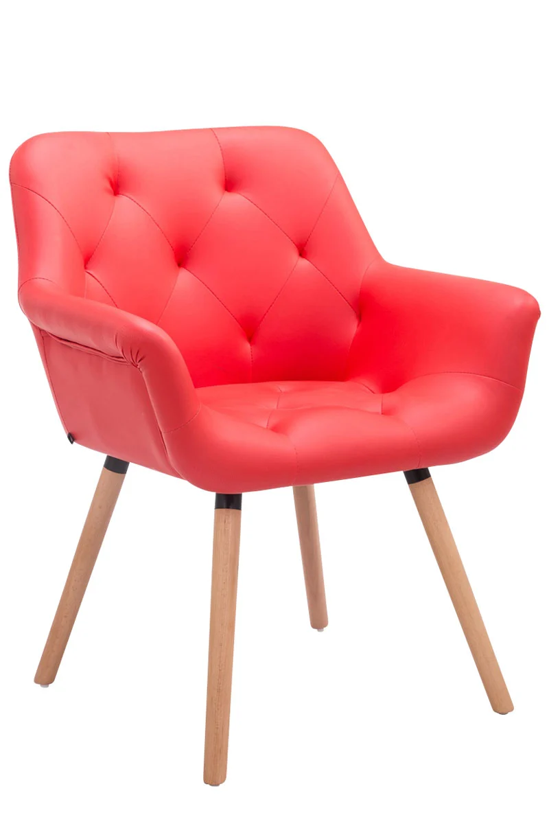 Chaise visiteur bureau salon assise capitonné en PVC rouge pieds en bois clair 10_0008491