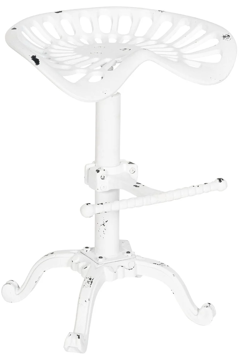 Lot de 2 tabourets de bar industriels en métal blanc vieilli – Assise incurvée en fonte et repose-pieds réglable 10_0006686