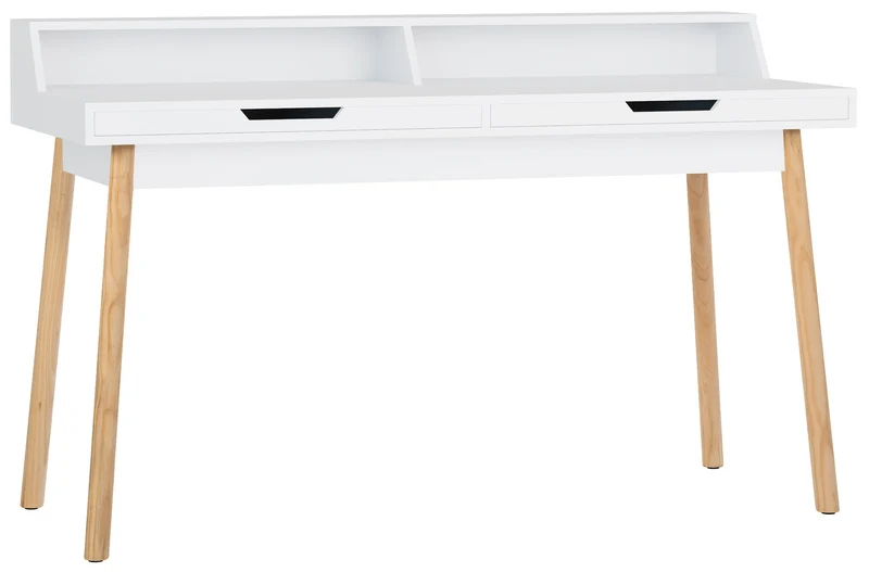 Bureau moderne blanc avec tiroirs et étagères – Pieds en chêne naturel 140 cm 10_0009191