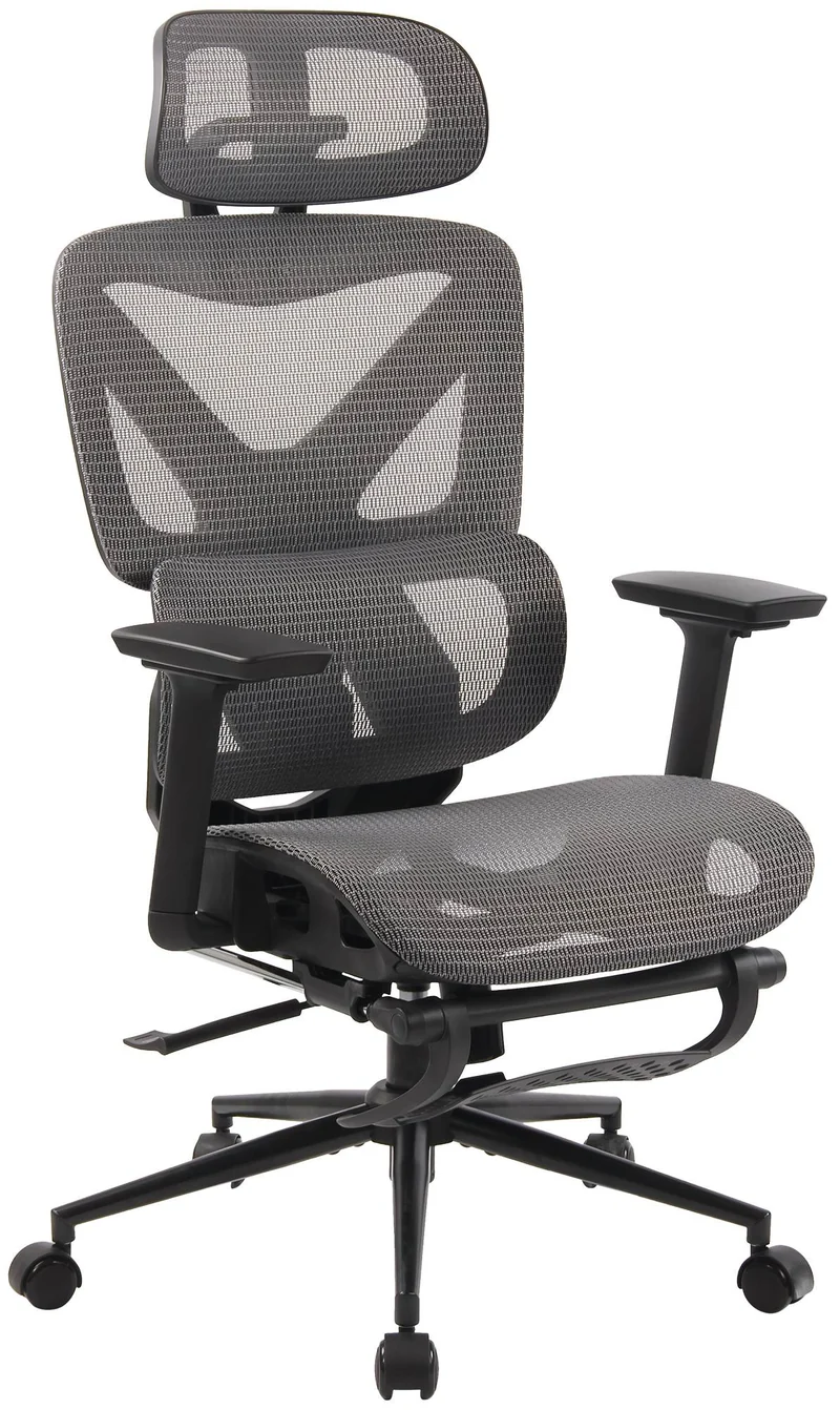 Chaise de bureau ergonomique avec maille respirante gris appui-tête réglable et repose-pieds intégré 10_0007068