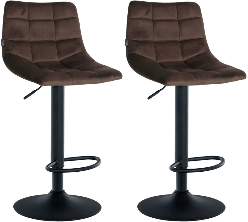Lot de 2 tabourets de bar en velours marron base métal noir réglable en hauteur et repose-pieds TDB10624