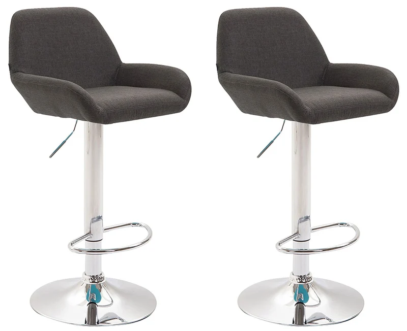 Lot de 2 tabourets de bar repose-pieds en forme d'arc en métal chromé assise en tissu gris foncé 10_0004040