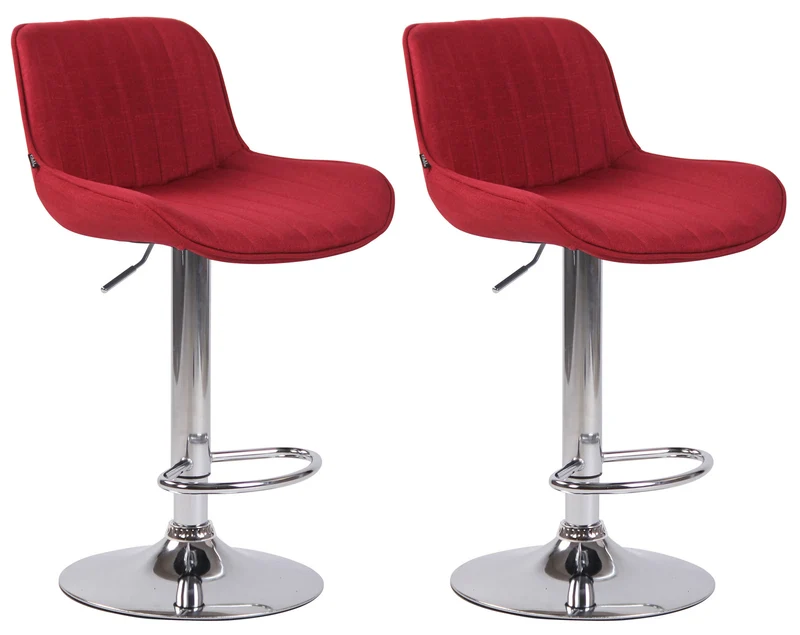 Lot de 2 tabourets de bar chaises hautes en tissu rouge coutures verticales support en métal chromé 10_0004286