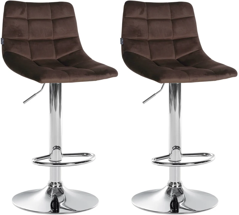 Lot de 2 tabourets de bar en velours marron base métal chromé réglable en hauteur et repose-pieds TDB10630