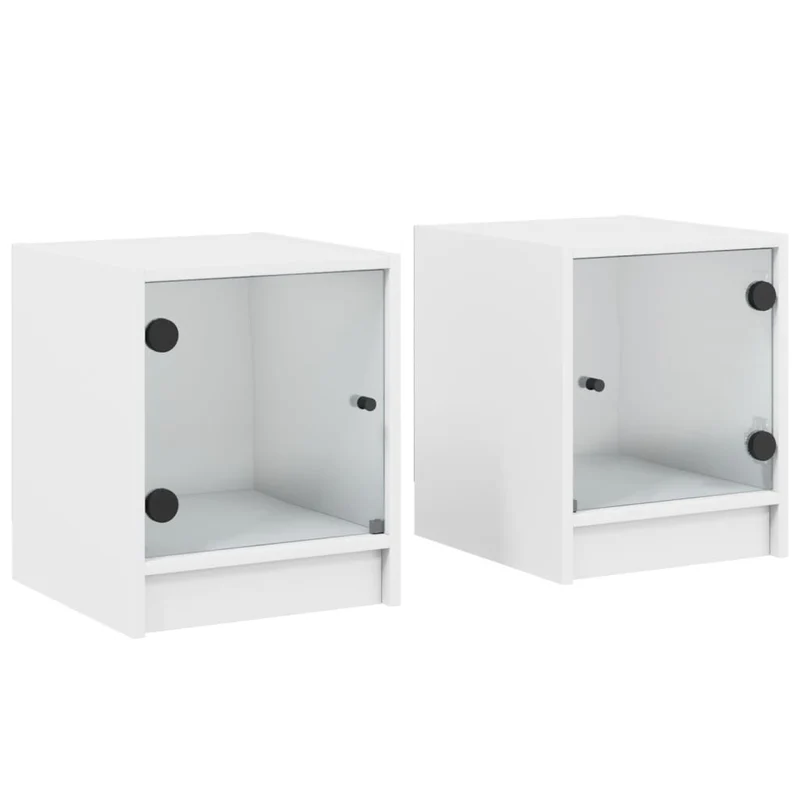 Lot de 2 tables de chevet avec portes vitrée 35 x 37 x 42 cm bois d'ingénierie blanc DEC035960
