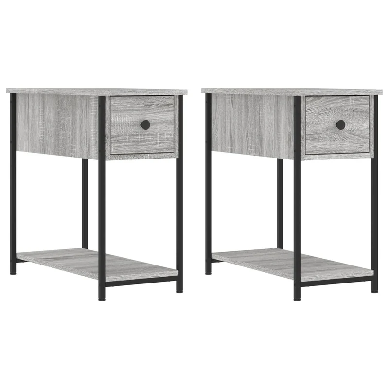 Lot de 2 tables de chevet avec tiroir et étagère 30 x 60 x 60cm bois d'ingénierie gris et fer DEC035644