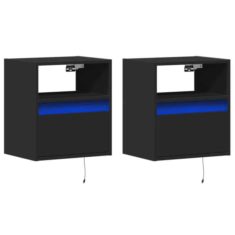 Lot de 2 tables de chevet murales avec lumières LED titoir et compartiment ouvert bois d'ingénierie noir DEC036163