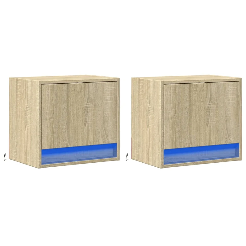 Lot de 2 tables de chevet murales avec lumières LED avec compartiment avec porte bois d'ingénierie couleur chêne DEC036149