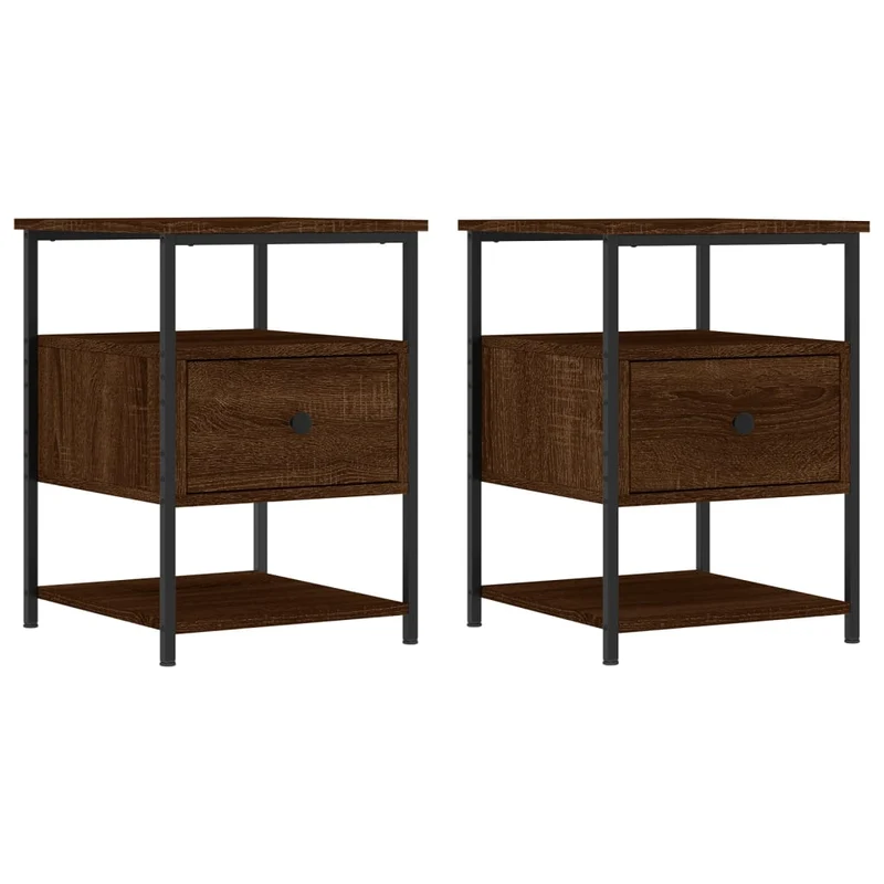 Lot de 2 tables de chevet avec tiroir et étagère 40 x 42 x 56cm bois d'ingénierie marron et fer DEC035860