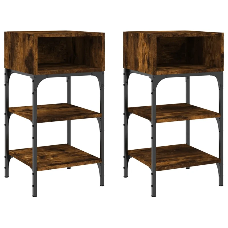 Lot de 2 tables de chevet avec compartiment et étagères 35 x 34,5 x 70 cm bois d’ingénierie marron et fer DEC035800