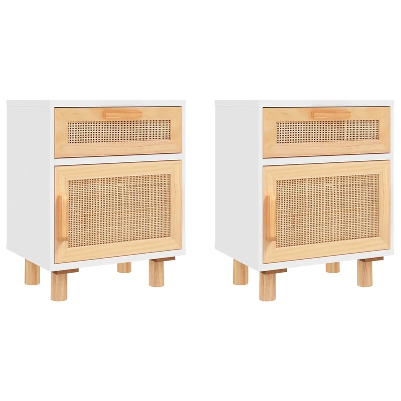 Lot de 2 tables de chevet avec tiroir et compartiment avec porte bois de pin blanc et rotin naturel DEC035781