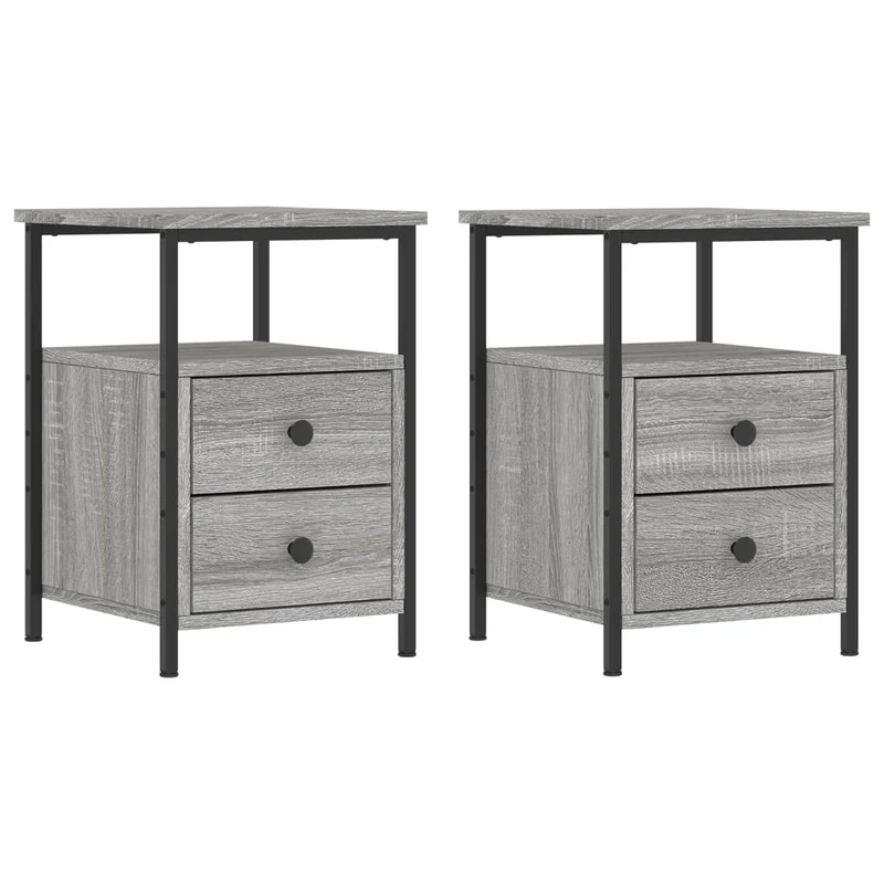 Lot de 2 tables de chevet avec tiroirs et étagère 34 x 35,5 x 50cm bois ingénierie gris et fer DEC035648