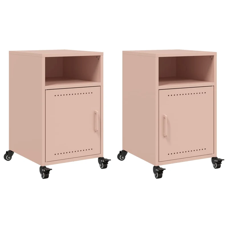 Lot de 2 tables de chevet sur roulettes avec compartiment ouvert et avec porte 36 x 39 x 59 cm acier rose DEC035633