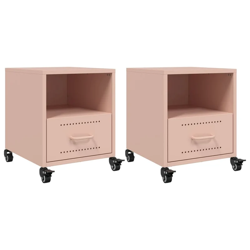 Lot de 2 tables de chevet sur roulettes avec tiroir et compartiment ouvert 36 x 39 x 43,5 cm acier rose DEC035627