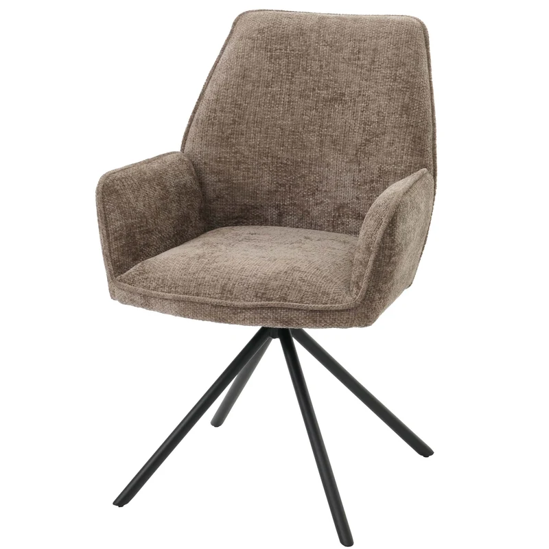 Chaise de salle à manger avec accoudoir siège rotatif en tissu bouclé marron cadre trépied 04_0006275
