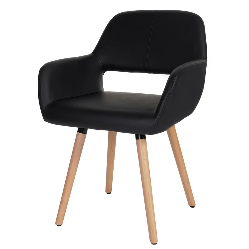 Chaise de salle à manger bureau visiteur design rétro en synthétique noir pied en bois clair 04_0002137