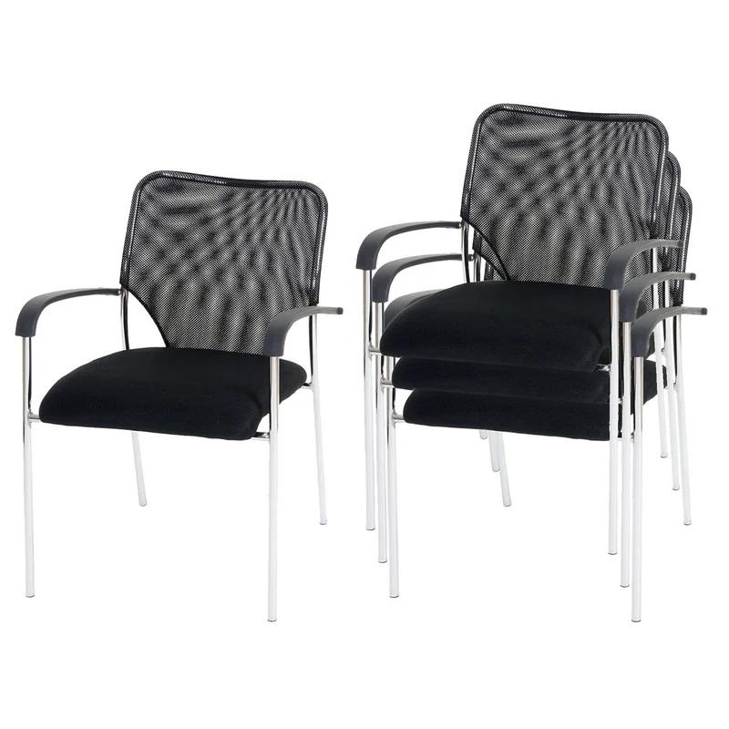 Lot de 4 chaises de bureau sans roulettes avec accoudoirs conférence réunion empilable en tissu maille noir 04_0000552