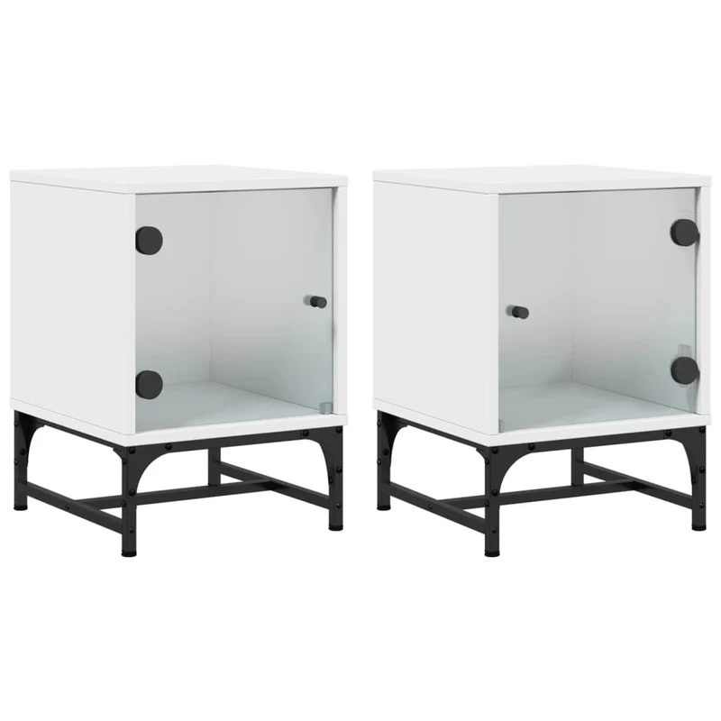 Lot de 2 tables de chevet avec porte vitrée 35 x 37 x 50 cm bois d'ingénierie blanc verre et acierDEC035961