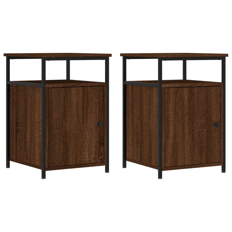 Lot de 2 tables de chevet avec compartiment avec porte 40 x 42 x 60cm bois d'ingénierie marron et fer DEC035863