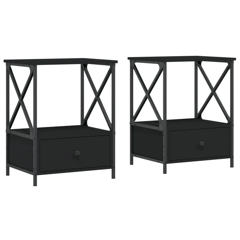 Lot de 2 tables de chevet avec tiroir et étagère 50 x 41 x 65 cm bois d’ingénierie noir et fer DEC035607