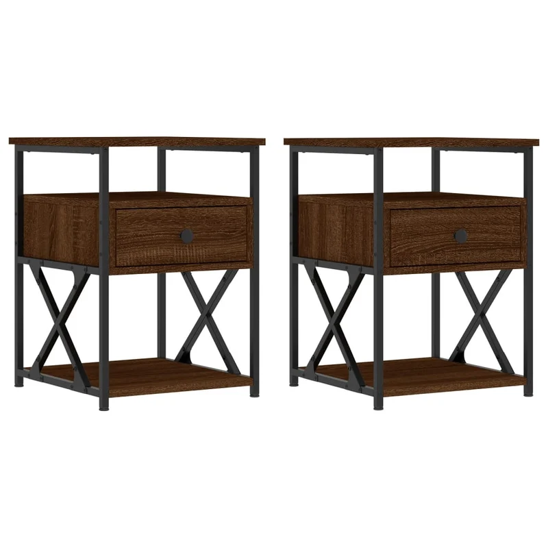 Lot de 2 tables de chevet avec tiroir et étagère 40 x 42 x 55cm bois d'ingénierie marron et fer DEC035859