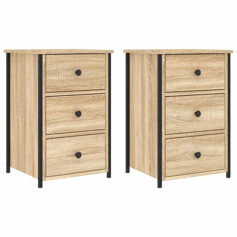 Lot de 2 tables de chevet avec 3 tiroirs 40 x 36 x 60 cm bois ingénierie couleur chêne et fer DEC035265