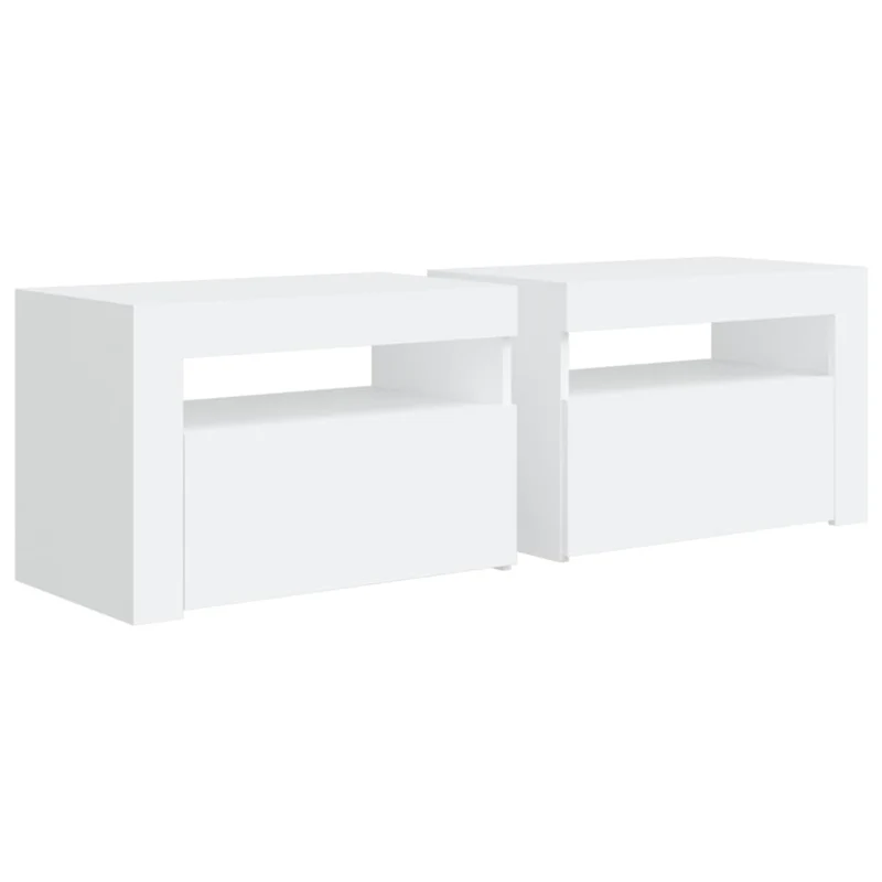 Lot de 2 tables de chevet lumière LED avec compartiment avec porte 60 x 35 x 40 cm bois d'ingénierie blanc DEC034835