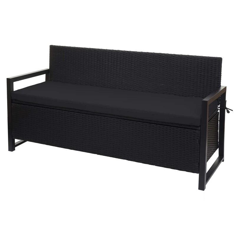 Banc banquette avec compartiment de rangement 3 places en polyrotin anthracite coussin noir 04_0005800