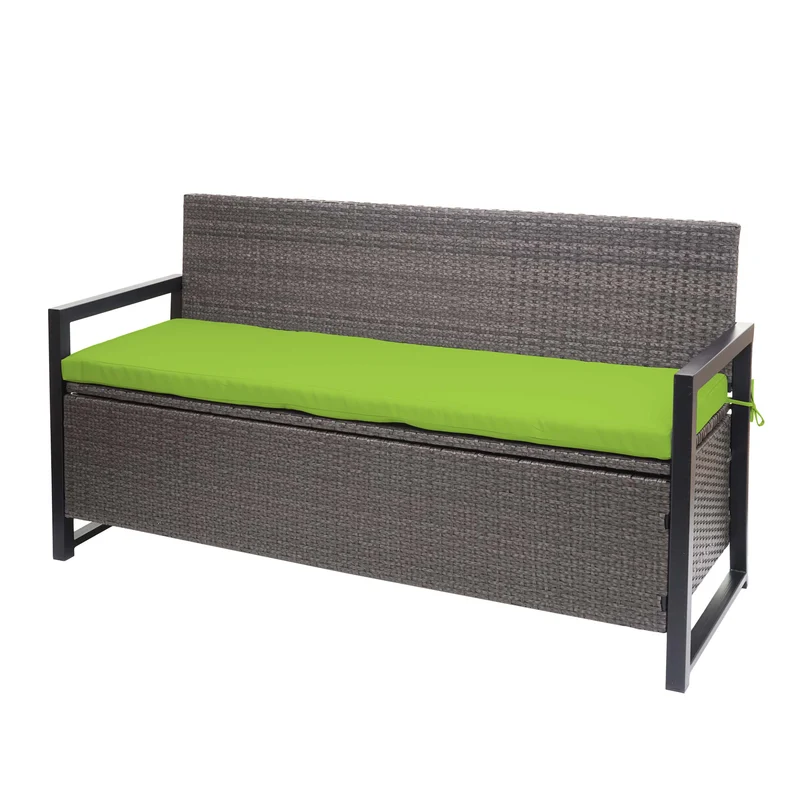 Banc banquette avec compartiment de rangement 3 places en polyrotin gris chiné coussin vert 04_0005801