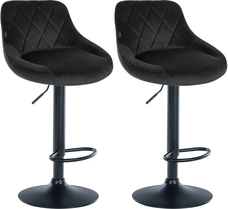 Set de 2 tabourets de bar coutures décoratives losanges assise en velours noir et cadre en métal noir TDB10780