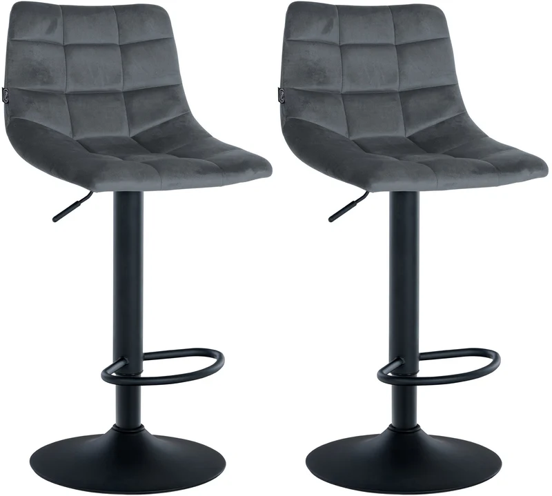 Lot de 2 tabourets de bar en velours gris foncé base métal noir réglable en hauteur et repose-pieds TDB10626