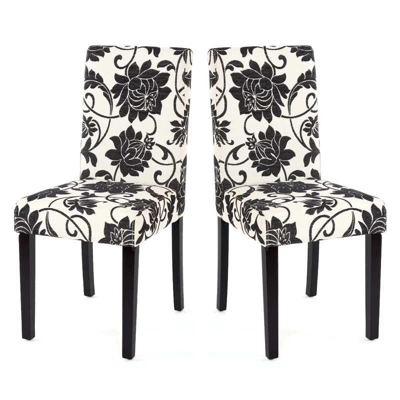 Lot de 2 chaises de salle à manger en tissu imprimé blanc&noir pieds foncés CDS04022