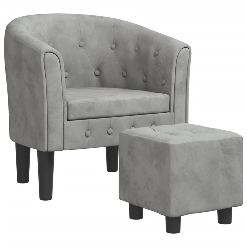Fauteuil lounge design moderne avec repose-pieds en velours gris clair capitonné dossier arrondi DEC026833