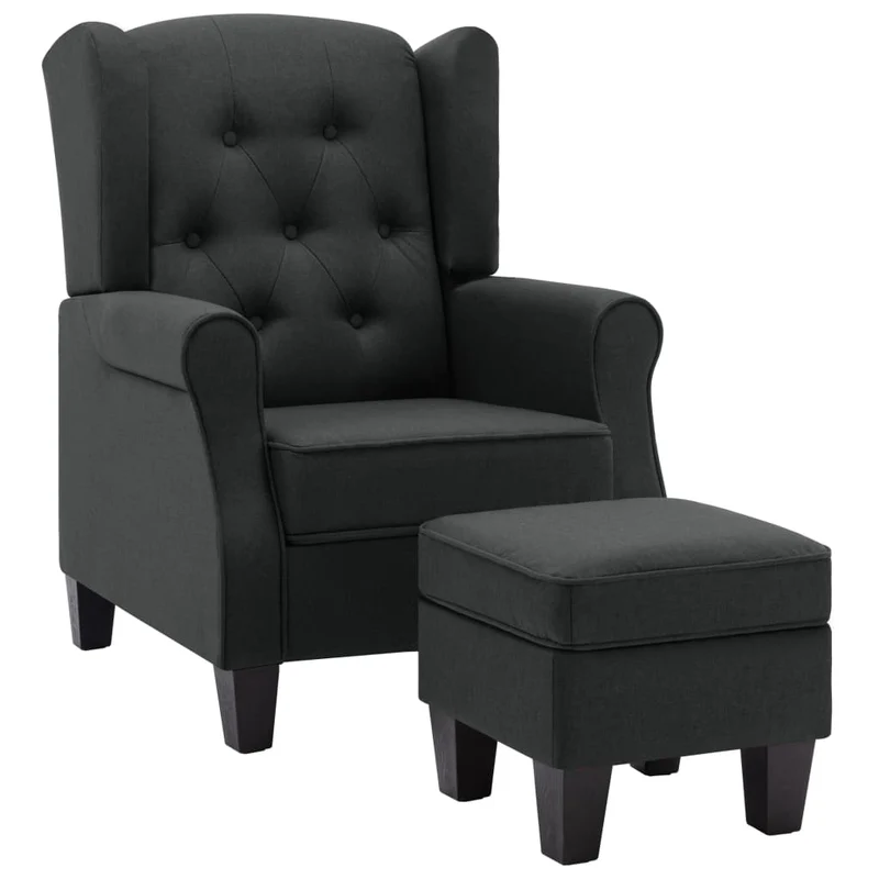 Fauteuil lounge design moderne avec repose-pied en tissu gris foncé capitonné DEC026834