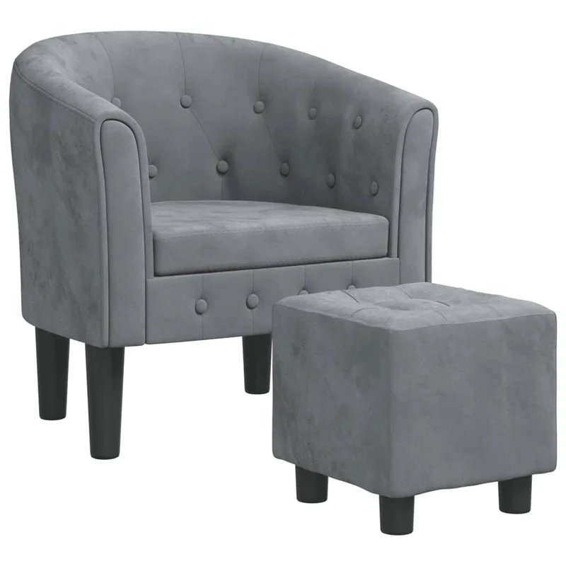 Fauteuil lounge design moderne avec repose-pied en velours gris foncé capitonné dossier arrondi DEC026835