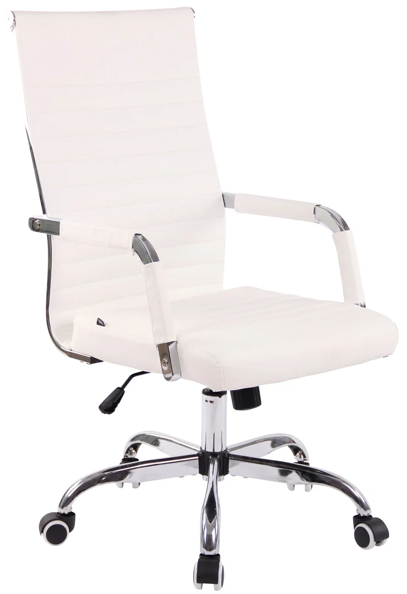 Fauteuil de bureau sur roulettes confortable hauteur réglable en synthétique blanc cadre métal chromé BUR10569