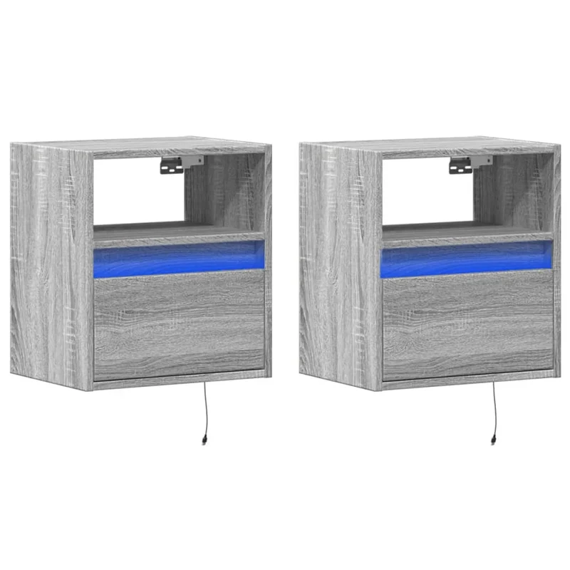 Lot de 2 tables de chevet murales avec lumières LED avec tiroir et compartiment ouvert en bois d'ingénierie gris DEC036168