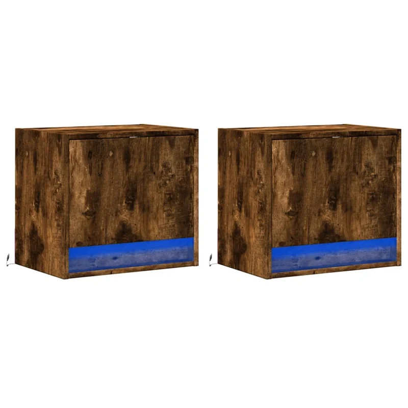 Lot de 2 tables de chevet murales avec lumières LED avec compartiment avec porte bois d'ingénierie marron DEC036129