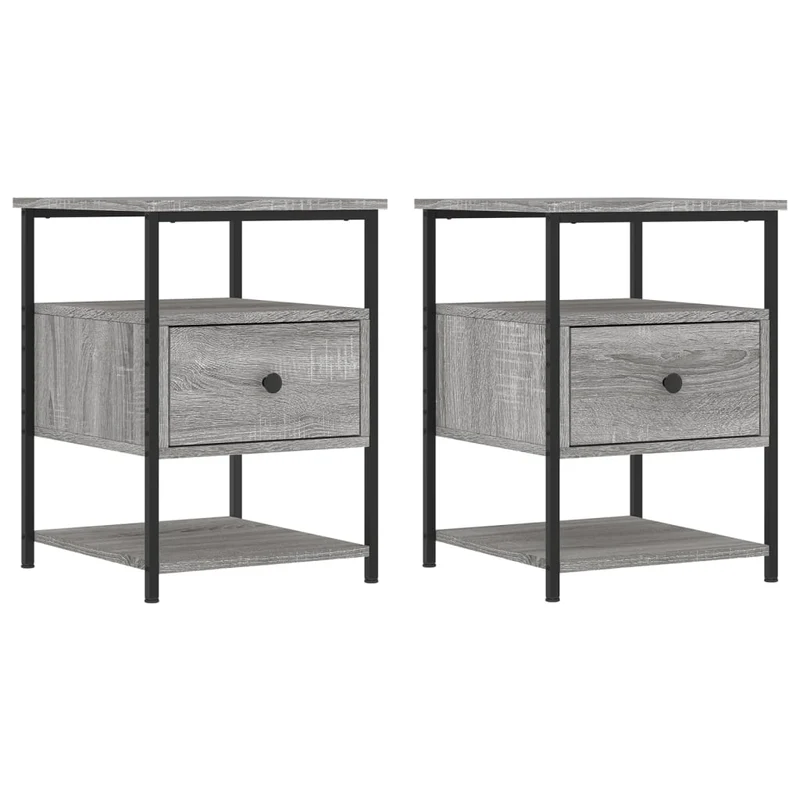 Lot de 2 tables de chevet avec tiroir et étagère 40 x 42 x 56cm bois d'ingénierie gris et fer DEC035732