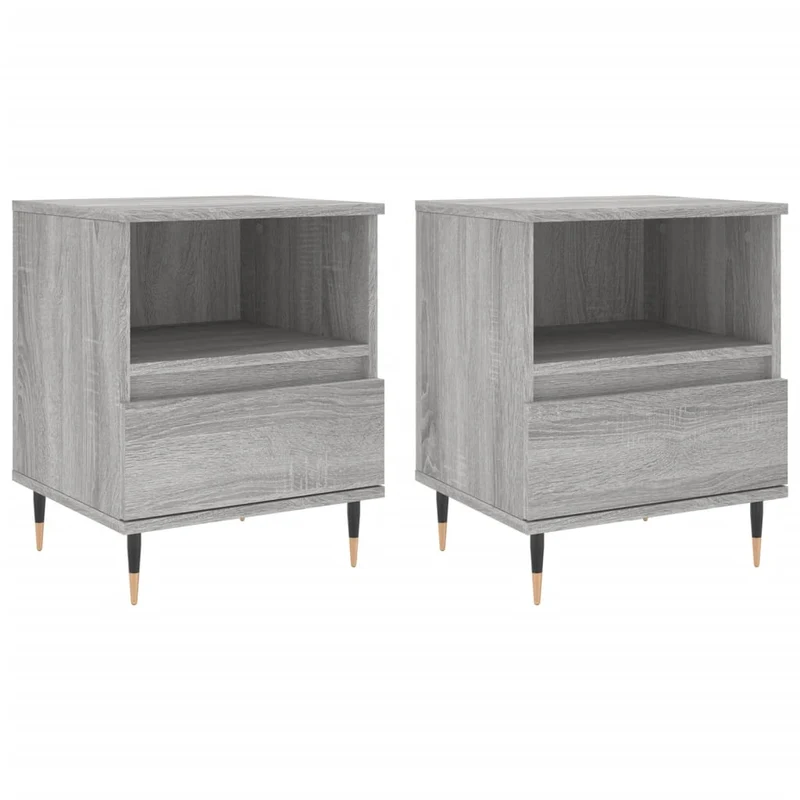 Lot de 2 tables de chevet avec tiroir et compartiment ouvert 40 x 35 x 50 cm bois ingénierie gris et métal DEC035699