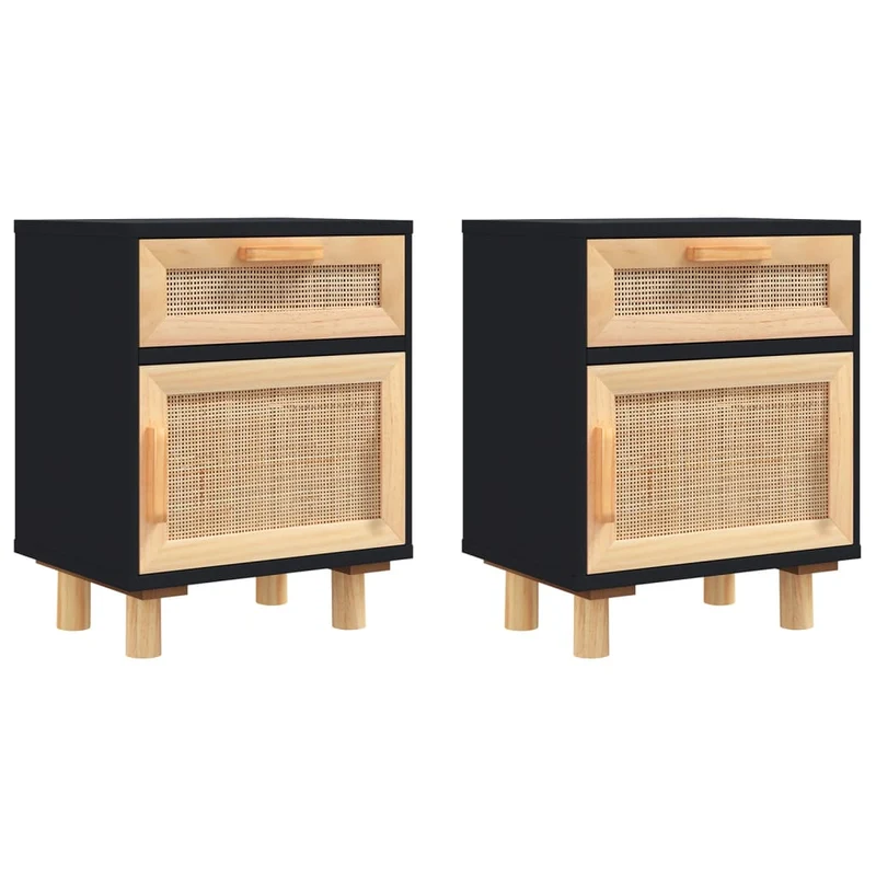 Lot de 2 tables de chevet avec tiroir et compartiment avec porte bois d'ingénierie noir rotin naturel DEC035617